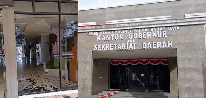 Teks Foto: Kantor Gubernur Papua Barat Daya dan Kantor Wali Kota Sorong dirusak massa. (ist)